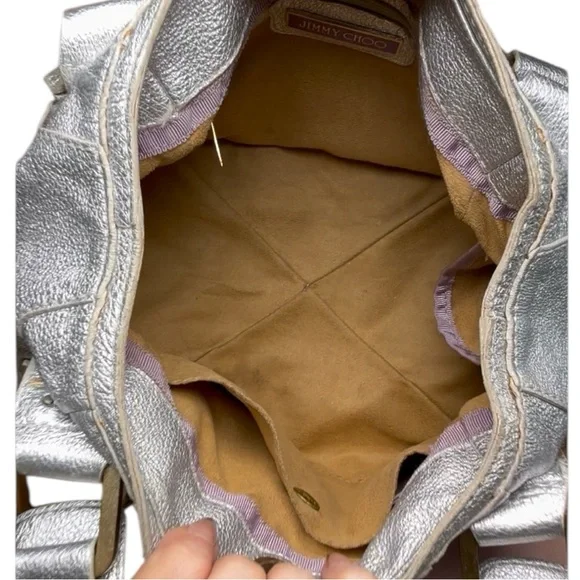 Jimmy Choo Mahala Tote Metallic Silver Leather Gold Hardware Shoulder Bags